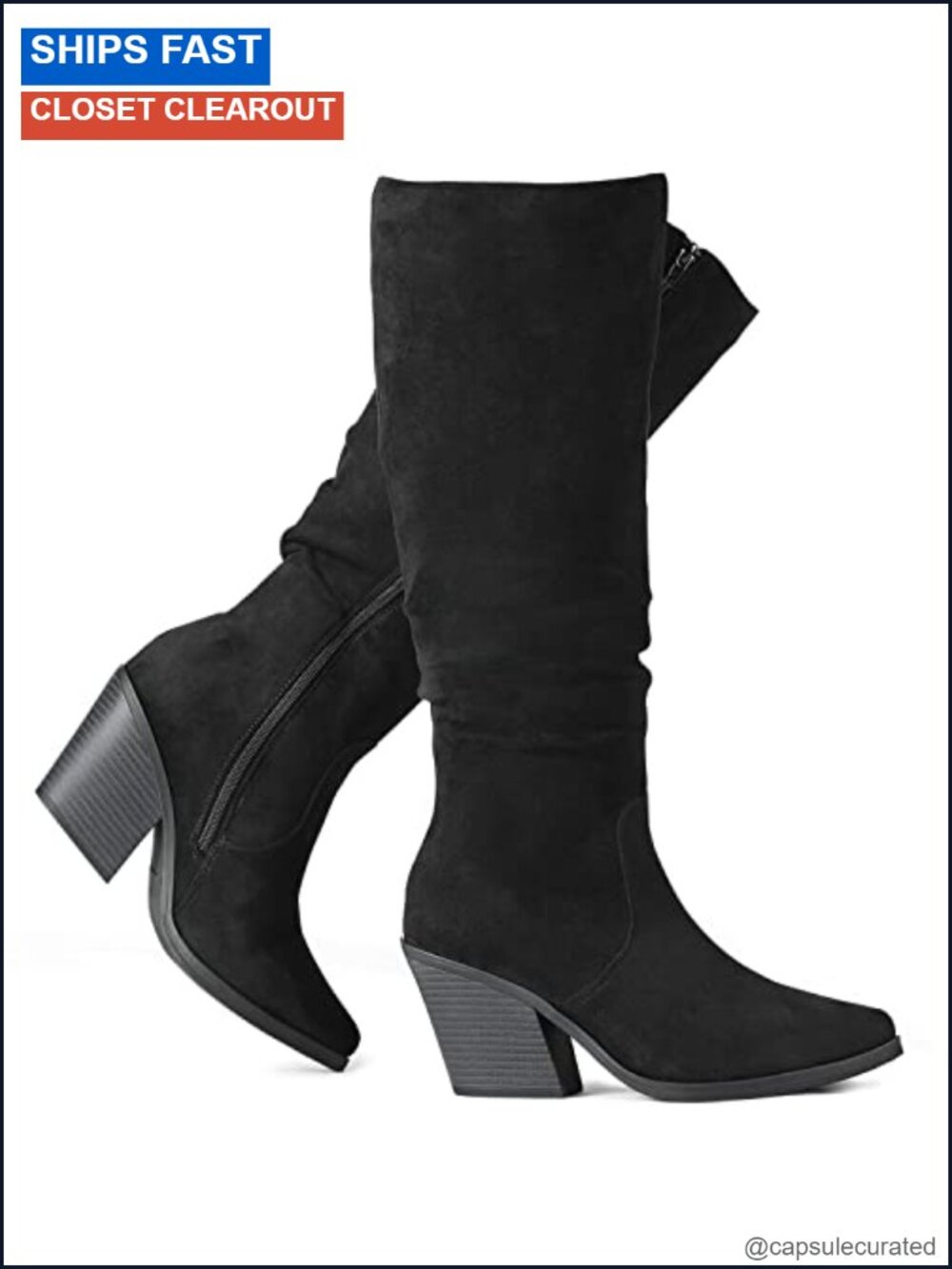 Women's Knee High Suede Boots Chunky Heel Slouch Tall Zip